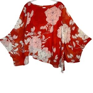 Chico's Red Floral Asymmetrical Tunic Blouse with Butterfly Sleeves | L